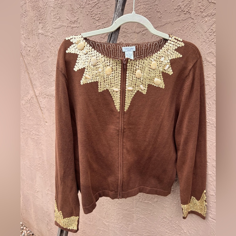 NEW Tasha Polizzi Brown Zip Front Embellished Cardigan Gold Sequins Stones